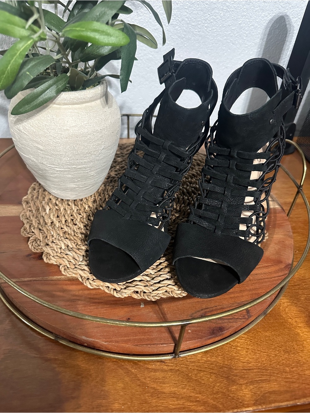 Vince Camuto Black Strappy Cage High-Heel Sandals With Ankle Strap
